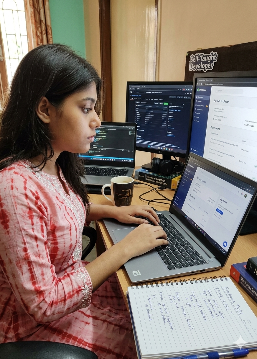 Tripti working at her setup